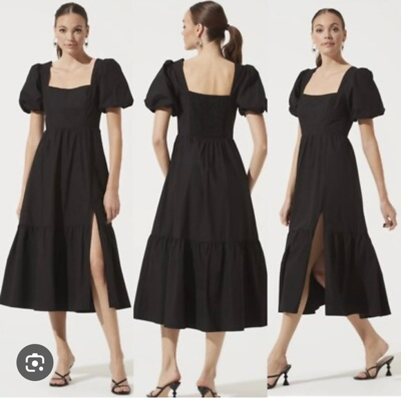 NWOT ASTR THE LABEL Revolve Tiered Poplin Puff sleeve Midi Dress Black Sz M - Picture 2 of 9